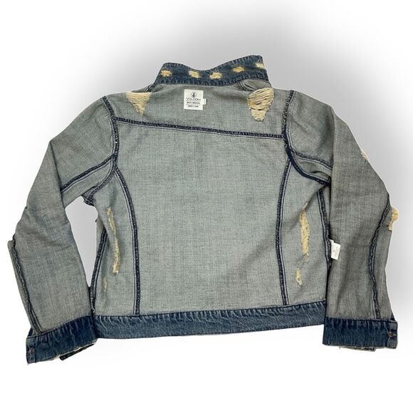 Volcom Women’s Blue Distressed Denim Short Long Sleeve Jeans Jacket Size Small. - Picture 9 of 12